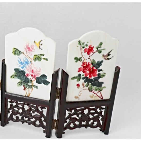 Vintage Mini Folding Screen 2 Sided Panels Handpainted Chinese Marble Art Geisha - Picture 5 of 7